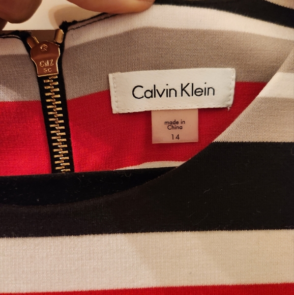 Calvin Klein Dress Womens sz 14 Red Tan Black Stripe Sleeveless Sheath - Picture 3 of 7